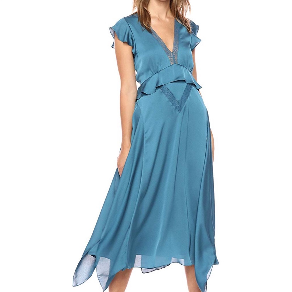 BCBGMAXAZRIA Lace-Trimmed Draped Ruffle Dress XS